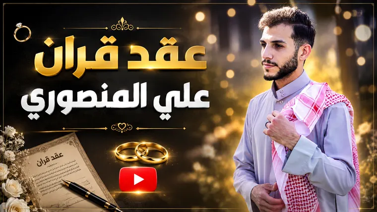 ملصق عربي بخلفية ذهبية وبورتريه، يتصدره عنوان عقد قران