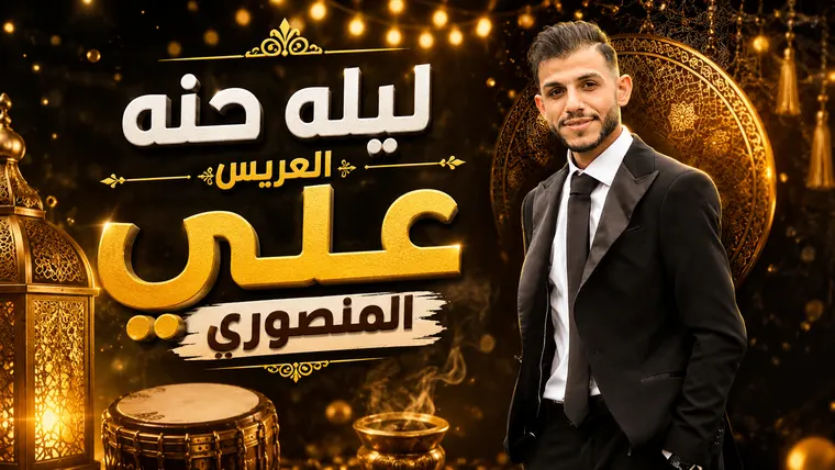ملصق عربي لمناسبة ليلة حنّة بأحرف كبيرة مع بورتريه وألوان سوداء وذهبية