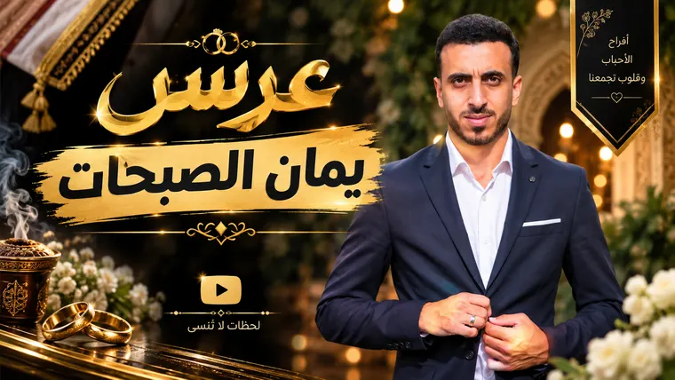 ملصق عربي بخلفية داكنة ولمسات ذهبية وبورتريه لشخص يرتدي بدلة رسمية